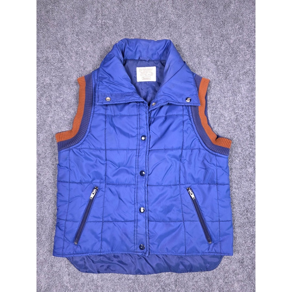 Vintage Sears Puffer Vest Womens Small Blue Quilted Snap Front‎ Ribbed Trim